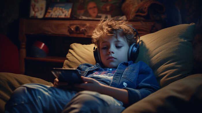 child using a tablet with headphones at home