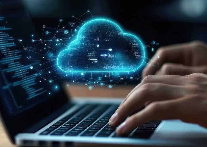 A person typing on a laptop with a glowing cloud symbol above it.