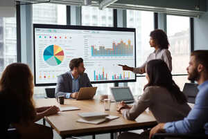 Business meeting with a presenter, charts on screen, and team members engaged in discussion.