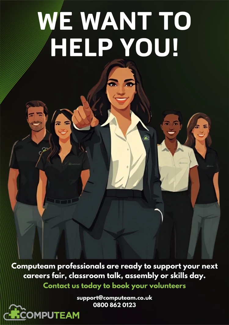 Group of professionals promoting support for career events with a "We Want to Help You!" message.