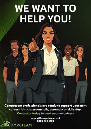 Group of professionals promoting support for career events with a "We Want to Help You!" message.