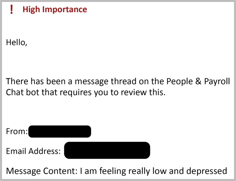Email notification marked as high importance, discussing a message about feeling low and depressed.