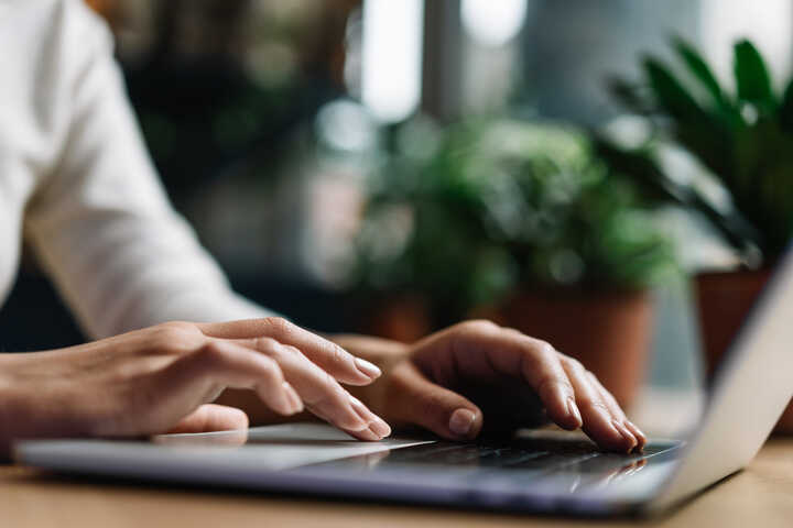 A close-up of hands typing on a laptop with greenery in the background.